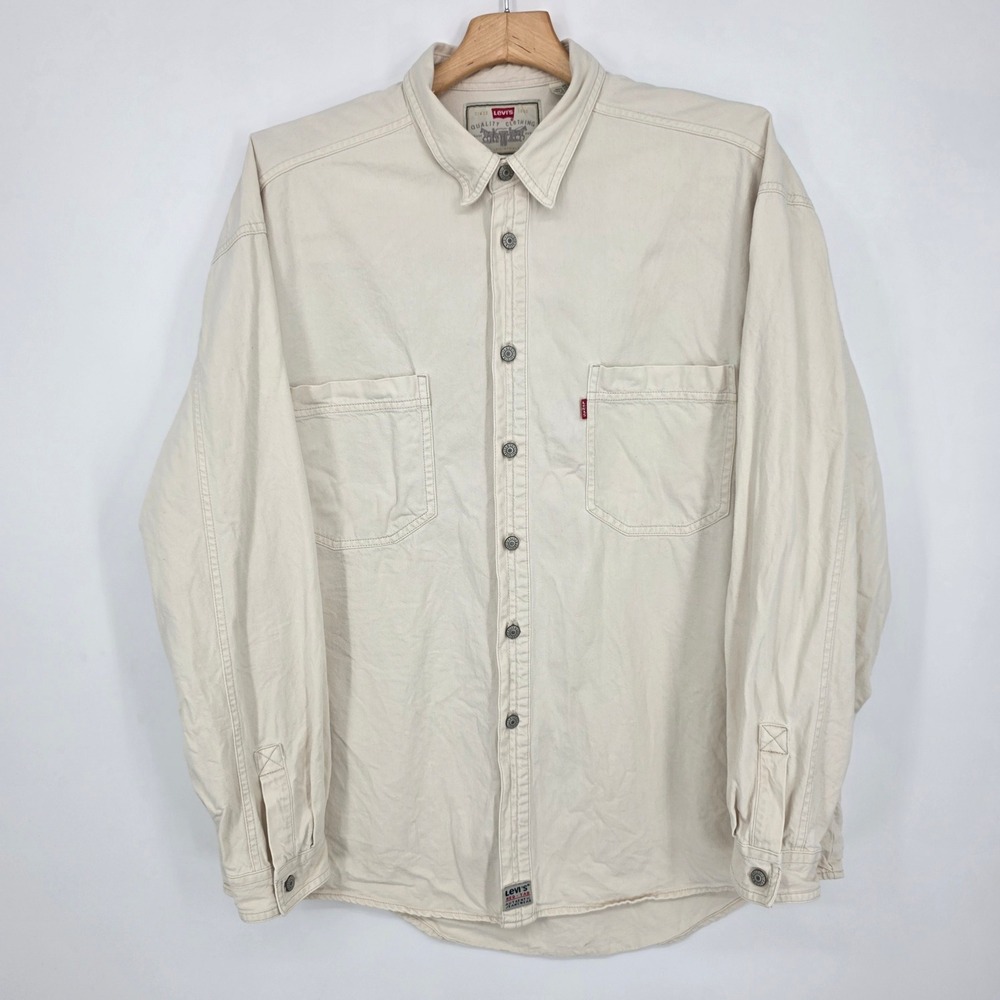 Vintage Levis Red Tab Mens XL Off White Cotton Twill Button Down Work Shirt